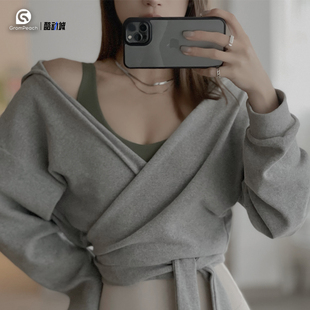 Grom加绒长袖瑜伽服秋冬系带棉质健身服宽松运动卫衣布帽衫外套女