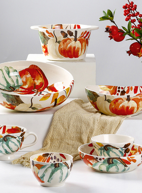 OMK田园风陶瓷餐具好看的米饭碗甜品碗组合创意家用双耳汤碗釉下