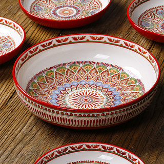 欧美客民族风深盘手绘汤盘釉下彩沙拉碗大号水果盆家用和面盆汤碗