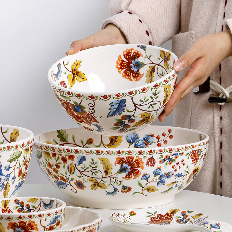 欧美客法式沙拉碗圆形家用汤碗创意大号和面盆水果碗小清新碎花碗,餐饮具,碗,淘宝优惠券,粉丝福利购,淘宝优惠卷