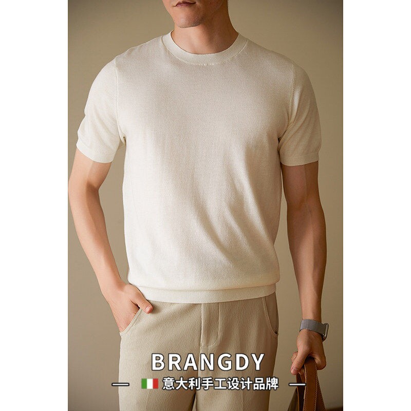 Brangdy意大利轻奢纯色含绵羊毛针织衫可机洗春夏短袖T恤男士休闲