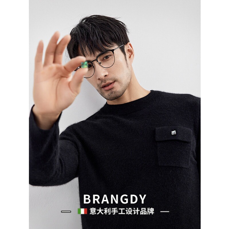 Brangdy意大利日本鲍鱼贝扣柔糯兔绒 简约口袋半高领羊毛衫男士