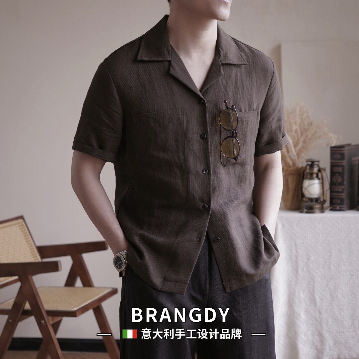 Brangdy意大利天丝亚麻混纺古巴领短袖衬衫男士V领休闲咖色衬衣