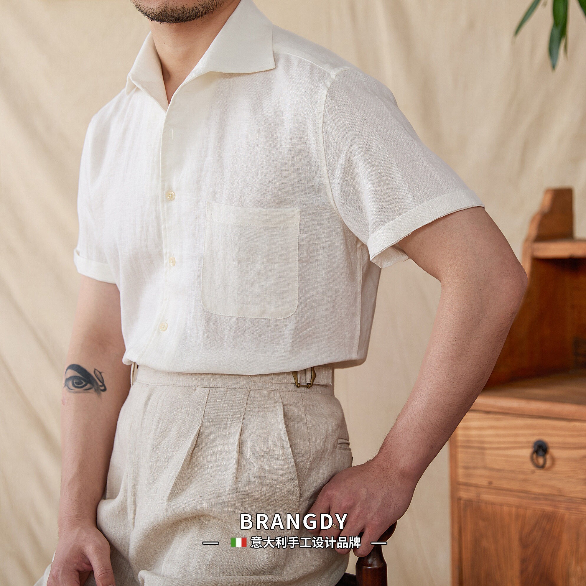 Brangdy意大利100%亚麻夏季休闲半袖衬衫微宽松弛通勤短袖衬衣男
