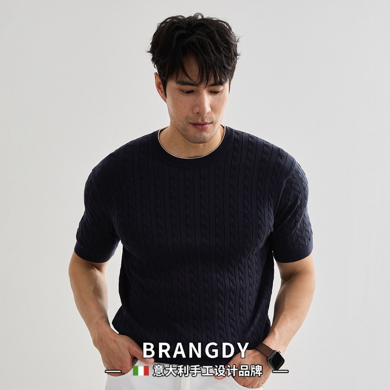 Brangdy意大利老钱亚麻混纺针织短袖T恤男士复古麻花休闲通勤上衣