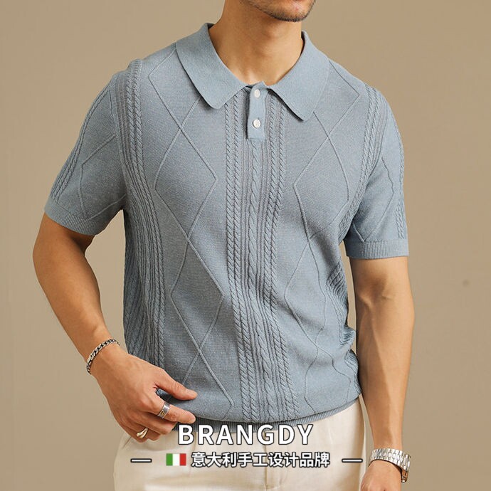 Brangdy意大利夏季老钱风提花针织polo衫男士休闲复古短袖T恤男款