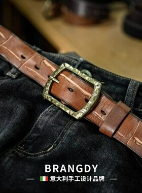 Brangdy意大利美式复古牛皮黄铜扣腰带男士刀痕做旧硬汉真皮裤带