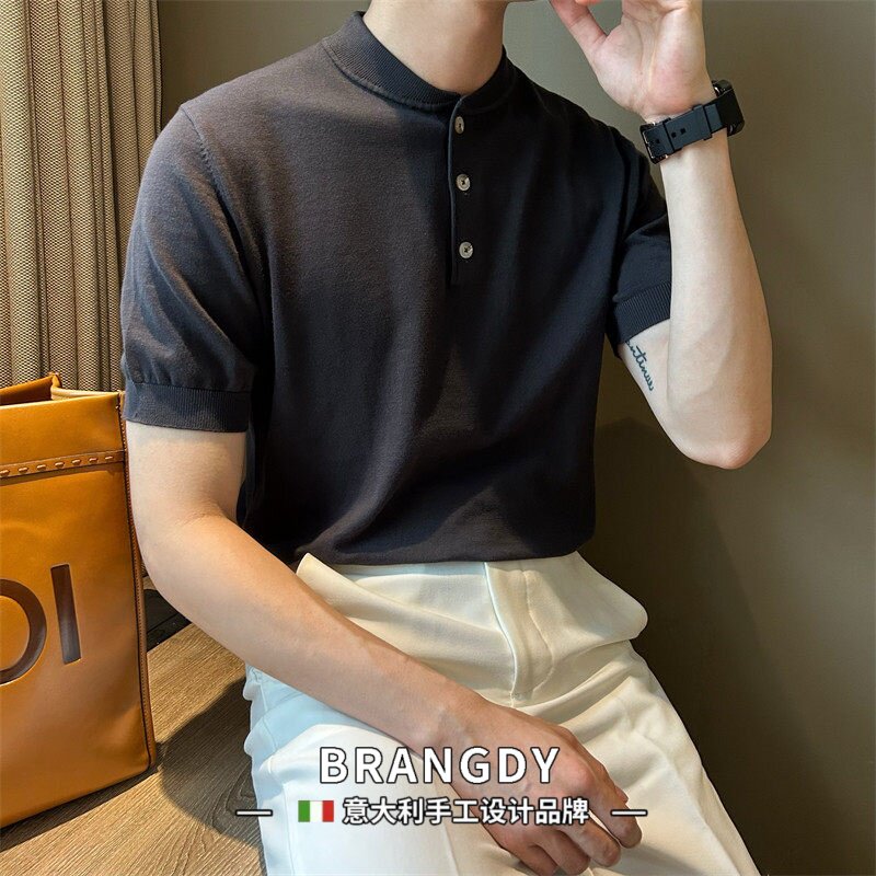 Brangdy意大利夏季纯棉中式立领体恤衫男士白色通勤薄款透气短袖T