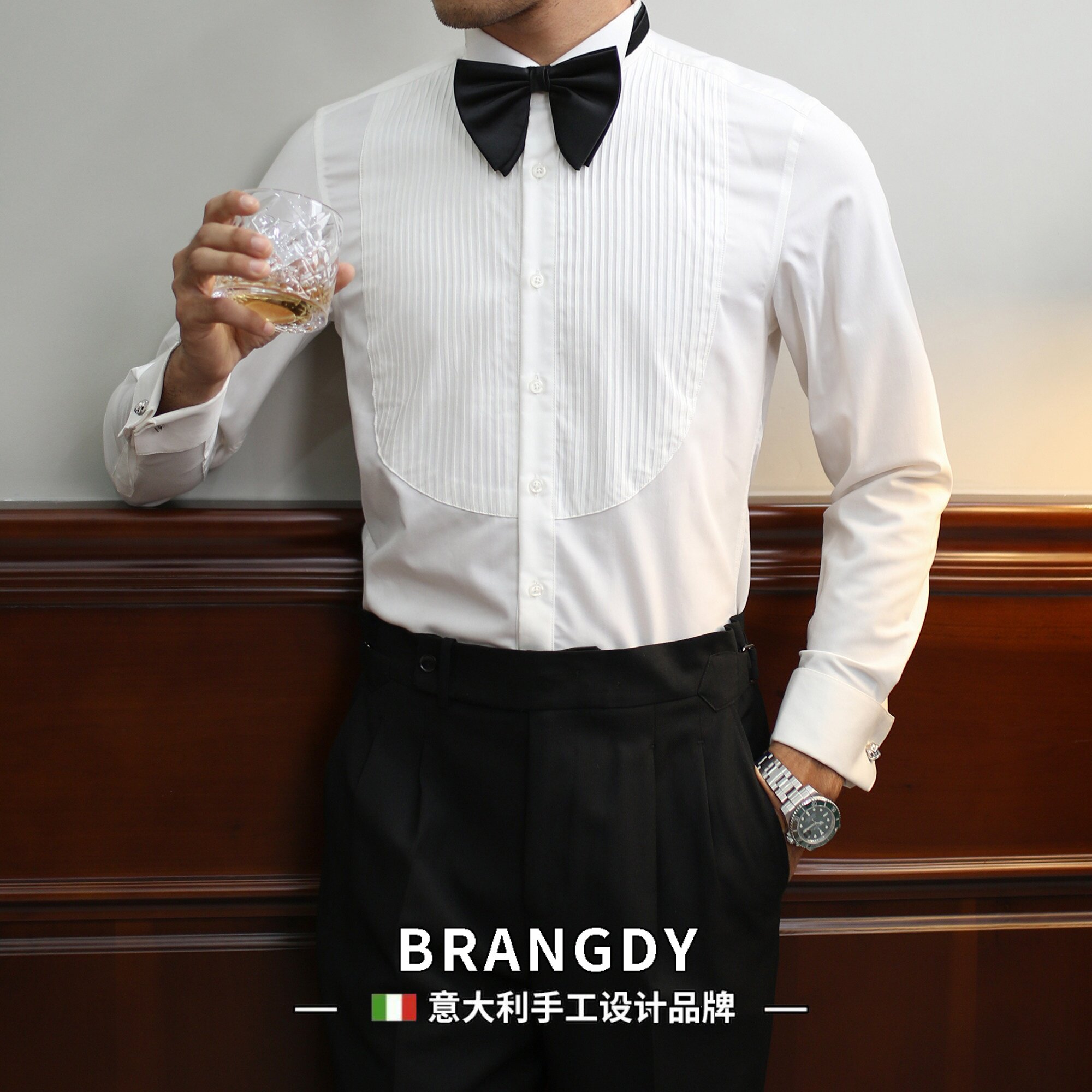 Brangdy意大利商务法式袖扣礼服领修身长袖衬衫新郎翼领男白衬衣
