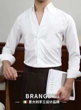 Brangdy意大利那不勒斯一片领白色长袖衬衫免烫英伦修身衬衣男潮