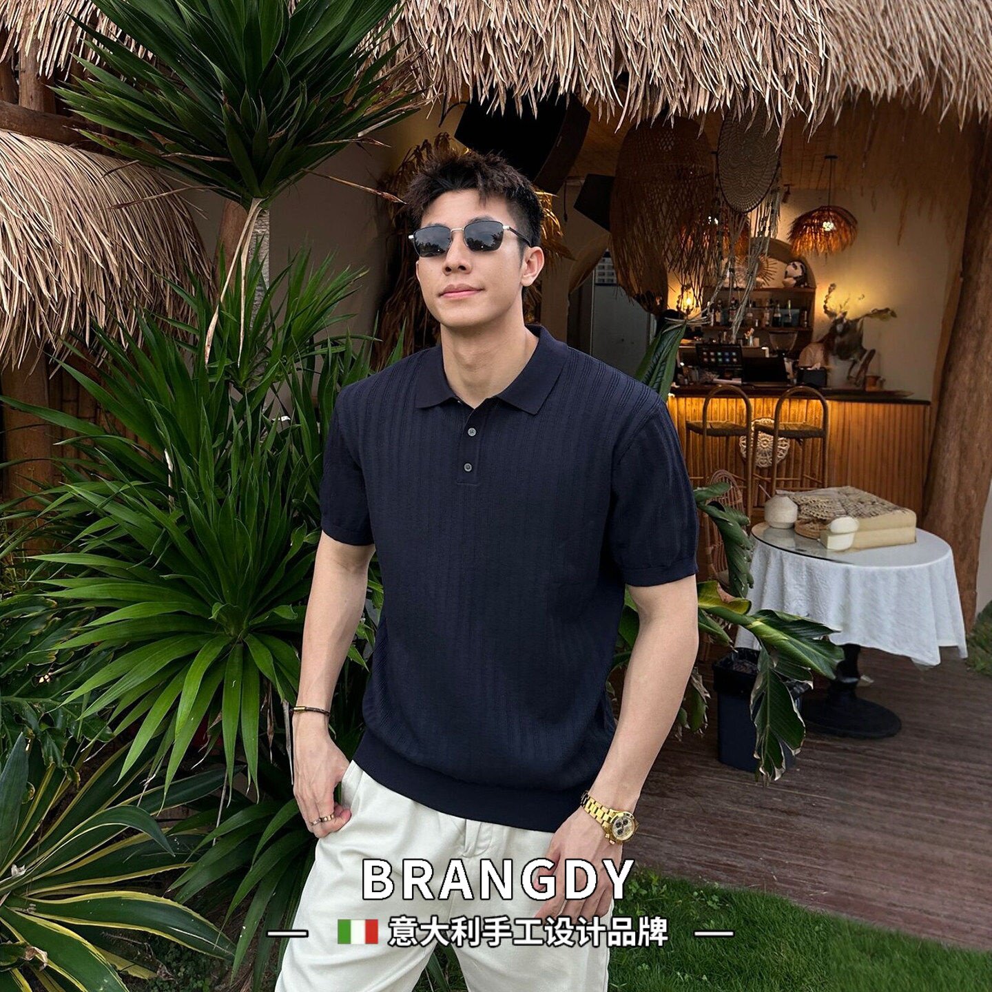 Brangdy意大利老钱风坑条纹透气针织polo衫男款短袖正肩翻领T恤