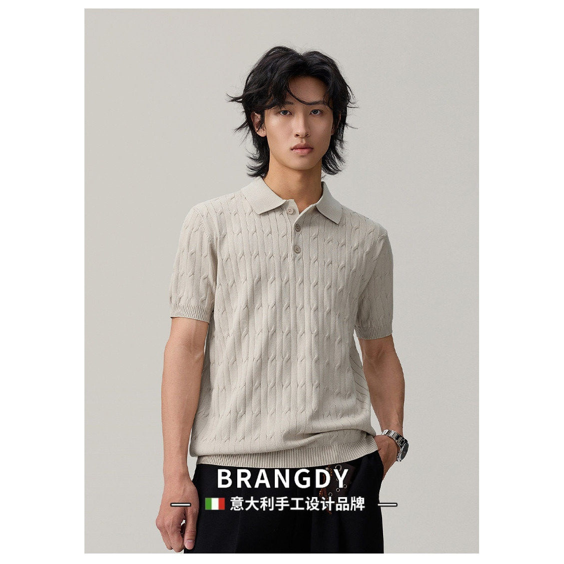 Brangdy意大利老钱风麻花纹针织Polo短袖男款透气亲肤夏季正肩T恤