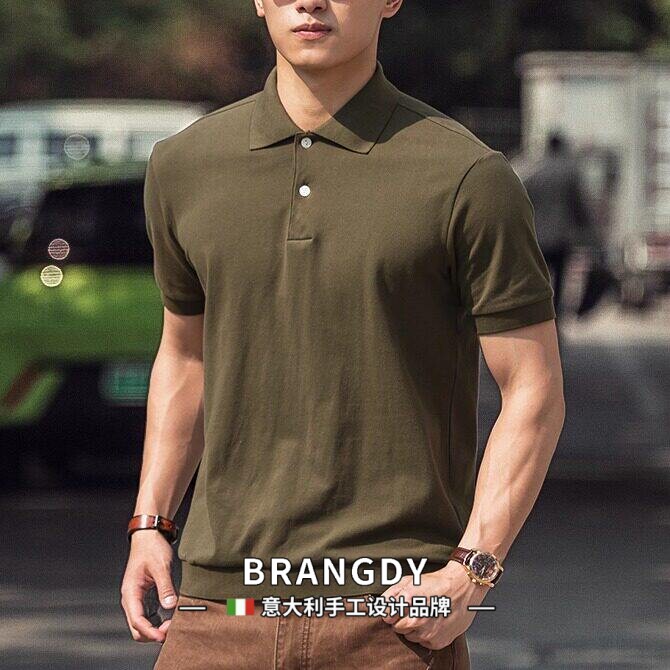 Brangdy意大利美式复古纯棉亨利衫男装军绿色POLO领短袖束腰t恤