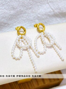 钛钢贝珠法式蝴蝶结耳钉耳坠
