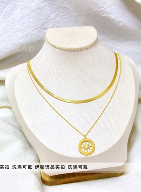 钛钢不掉色欧美八芒星圆牌项链