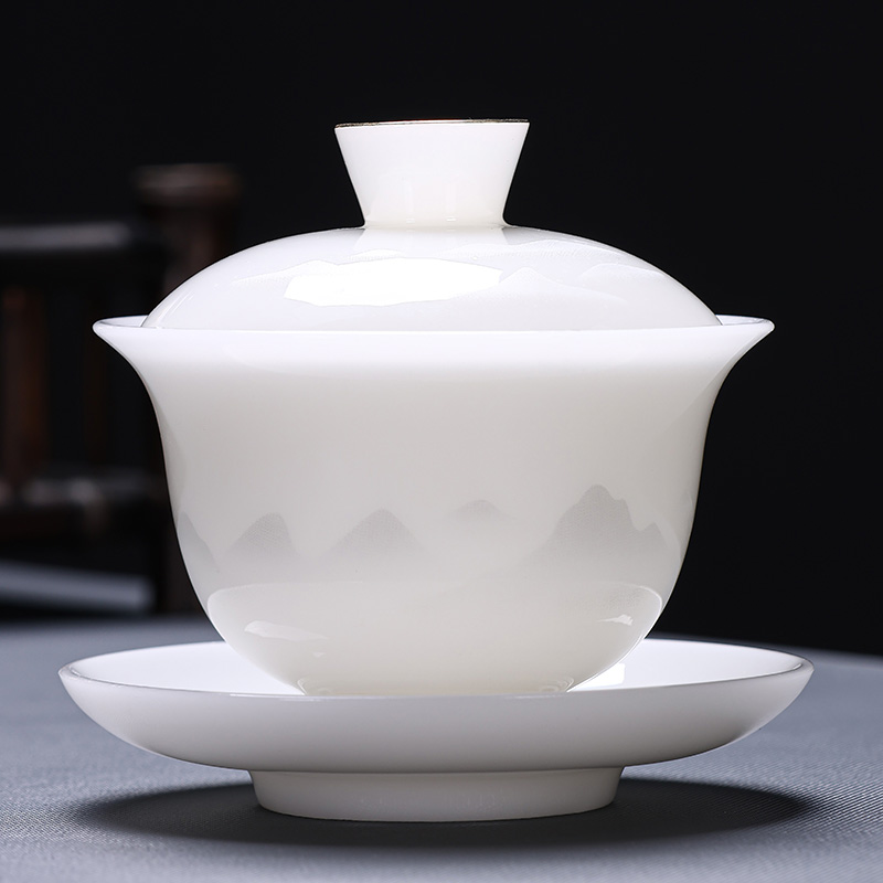 冰种璞玉三才盖碗茶杯陶瓷