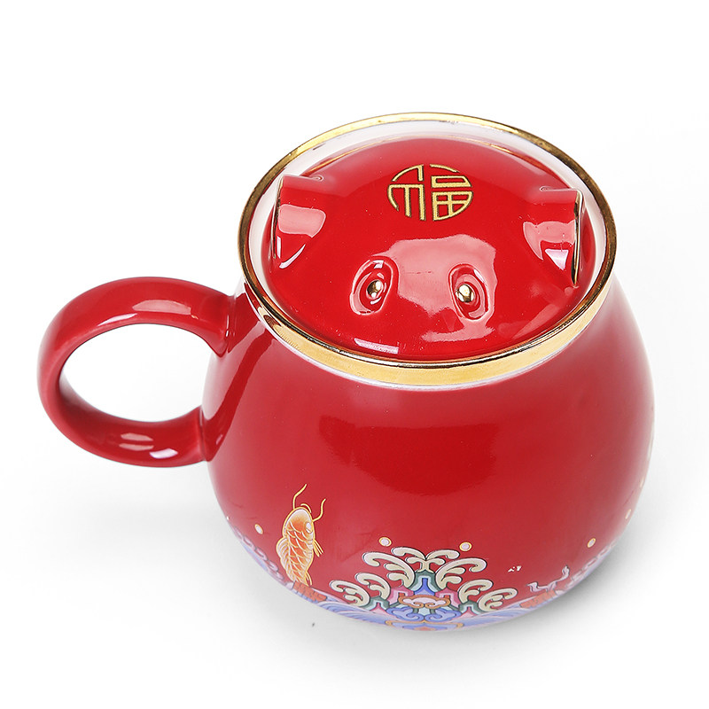 招财猫杯红色陶瓷茶杯福字金边手绘茶具中式传统茶杯单个装带手柄