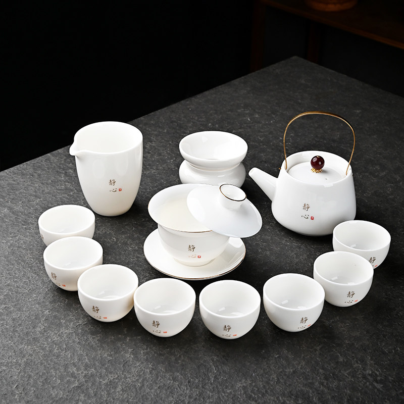 功夫茶具套装 2026 新款茶具中式羊脂玉白瓷提梁壶茶道六君子描金