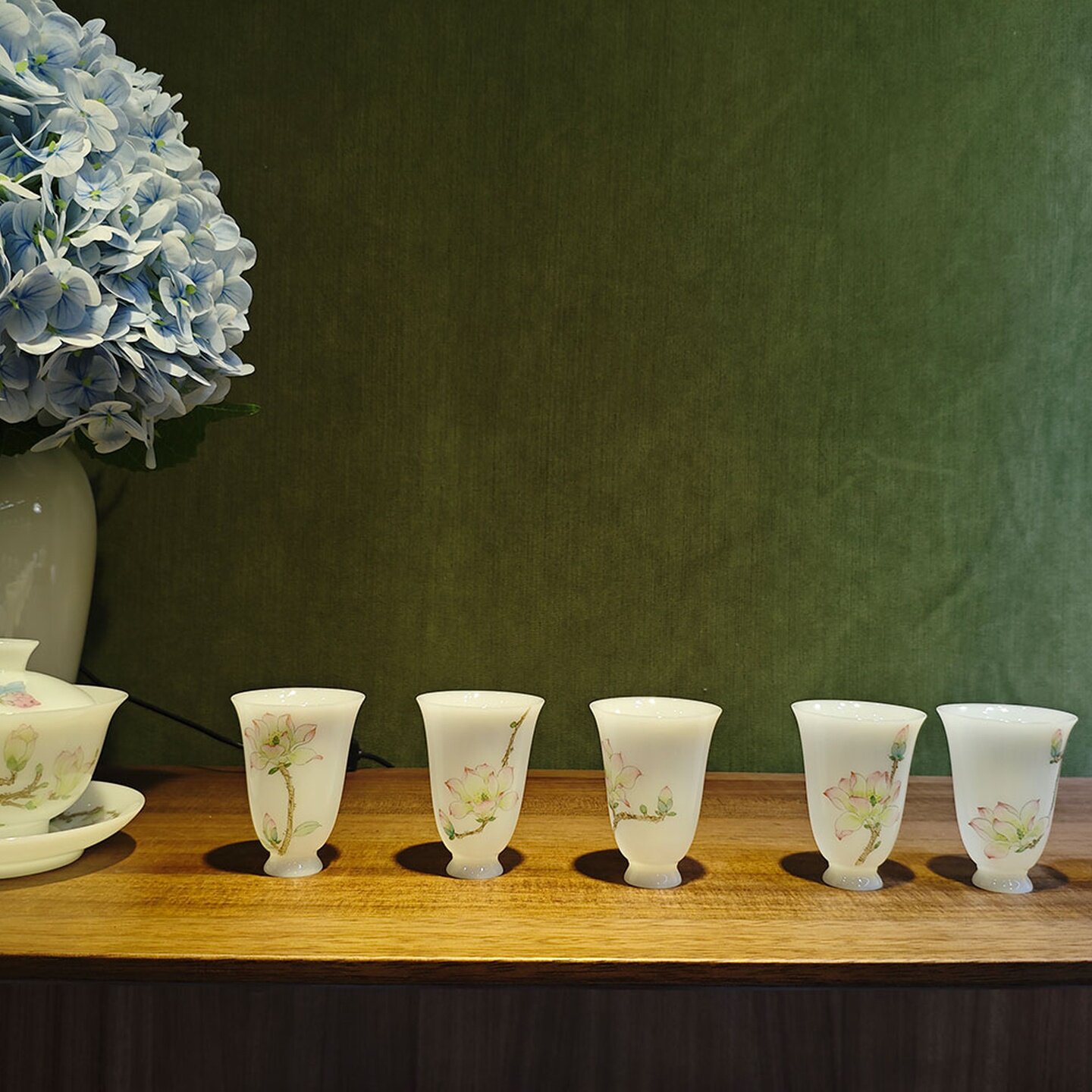 玉兰花一碗六杯手绘陶瓷茶具居家品茗轻奢雅致功夫茶道居家雅居家