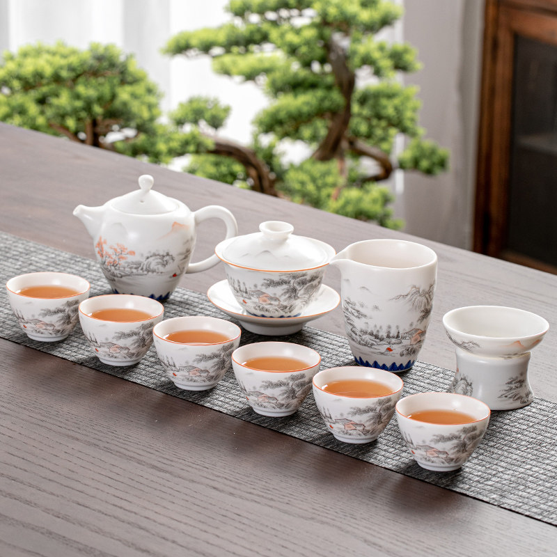 陶瓷功夫套装稠光釉梦里水乡盖碗茶壶小茶杯家用办公室会客用茶具