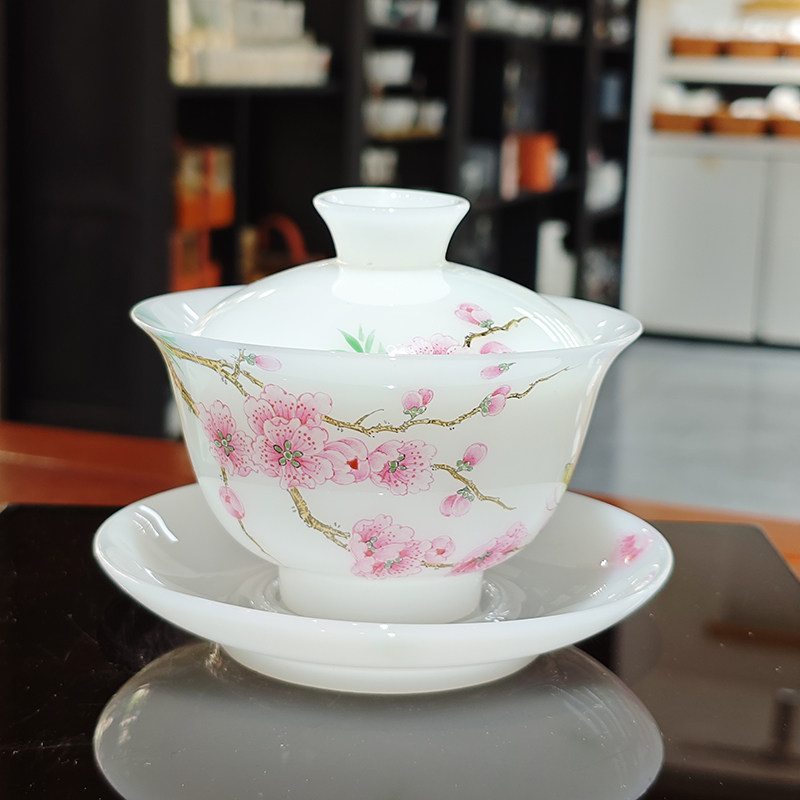 春日桃花白瓷盖碗茶具陶瓷手绘