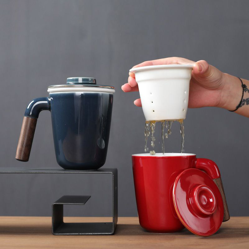 木柄办公杯三件套办公室泡茶杯带过滤水杯陶瓷马克杯个人杯喝水杯
