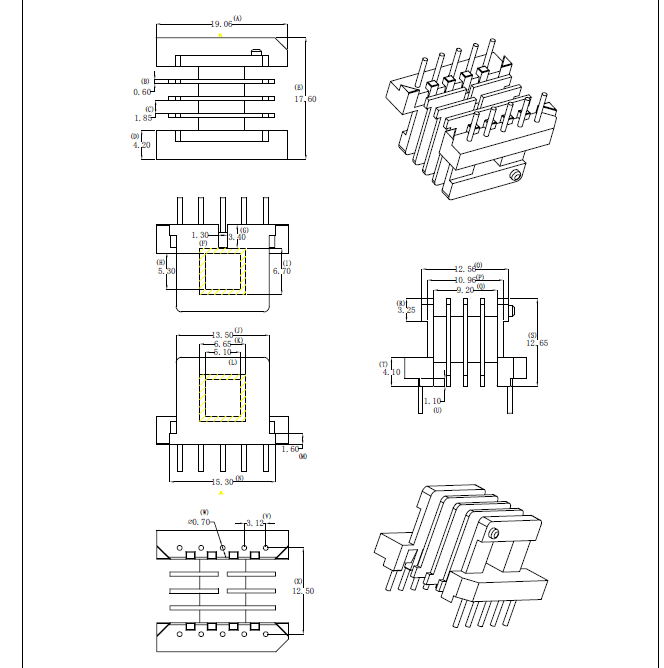 EE19多槽骨架直插PC44磁芯卧式5+5针高频变压器材料排距12.5mm