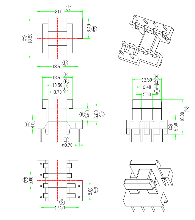 EE19高频变压器骨架磁芯配套 卧式4+2针 排距=17.5mm可代开气隙