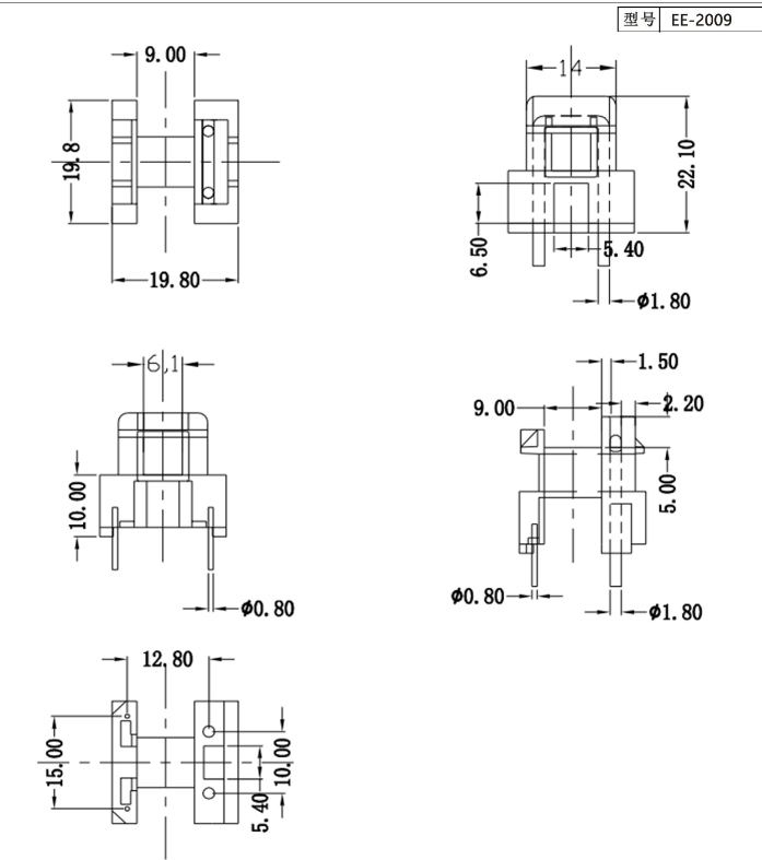 EF20高频变压器粗细脚电木骨架PC44磁芯 卧式2+2针排距12.8mm