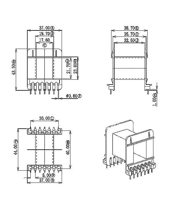EE55高频变压器骨架磁芯配套七字针L脚卧式7+7针排距40mm电源材料