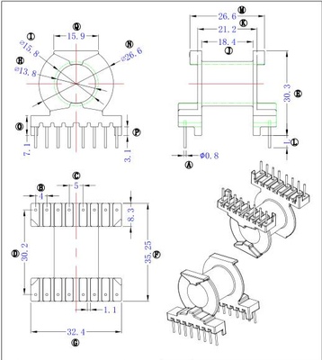 PQ3230磁芯骨架卧式8+8针高频变压器电源材料