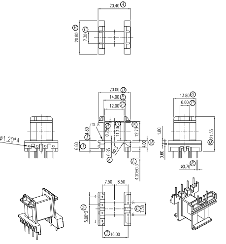EF20w加宽骨架 卧式4+2针 排距=16mm
