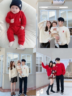 新年红色爱心亲子麻花毛衣网红母女装 过拜年服一家三四口婴儿拍照