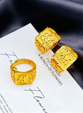 铜合金霸气男士方形發字戒指经典浮雕花纹可调节开口商务招财手饰