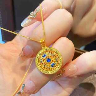 香港纪梵哲沙金饰品青莲承影碎冰冰旋转青花瓷罗盘珐琅项链国色天
