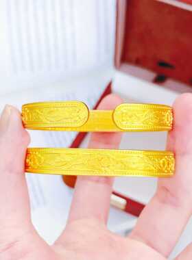 铜合金古法小众设计感龙凤花纹心经开口手镯女仿真金国潮风手饰品
