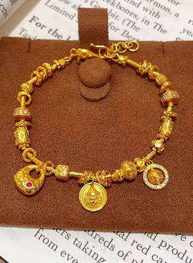 香港纪梵哲铜合金饰品锤纹锁包黄财神小星球盘缠手链女款新中式国