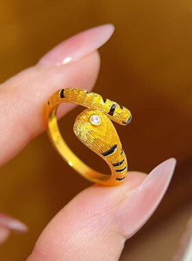 沙金饰品珐琅彩仿真金拉丝黯纹灵喵可调节戒指小众设计感猫爪配饰