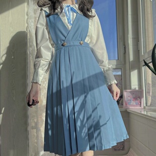 日系奶乖早春穿搭套装水蓝校供感JK制服护奶背心连衣裙背带可拆卸