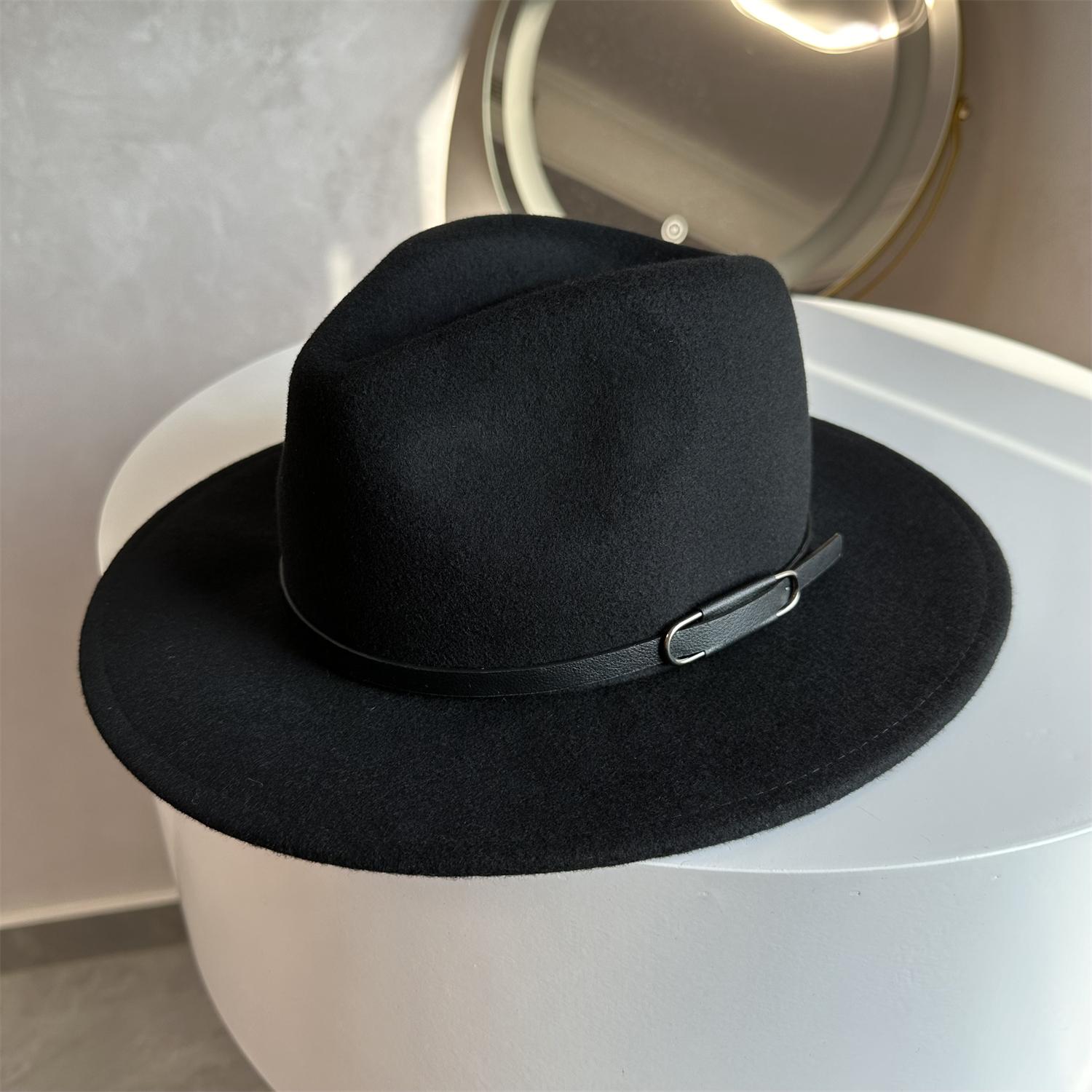 经典黑色羊毛礼帽男女秋冬24新款英伦风皮带加厚澳洲毛毡爵士帽子