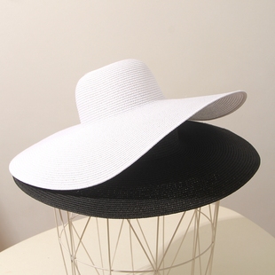 夏季黑白色17cm超大帽子太阳帽防晒遮阳沙滩帽女草帽海边大檐摄影
