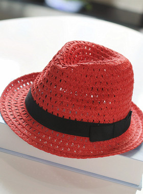 【夏日一抹红】小辣椒红色草帽网眼卷檐短檐镂空可折叠礼帽遮阳帽