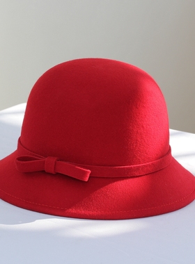 羊毛红色渔夫帽女冬日系复古网红ins圆脸适合的帽子青年圆顶盆帽