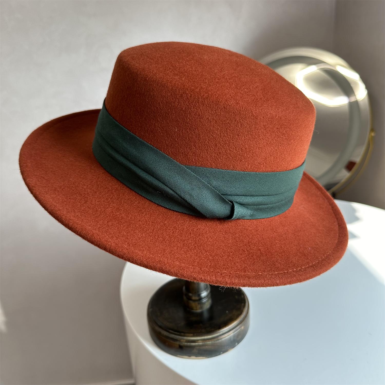 显肤白砖红/铁锈红平顶羊毛呢礼帽英伦毛呢帽子复古爵士帽平顶帽