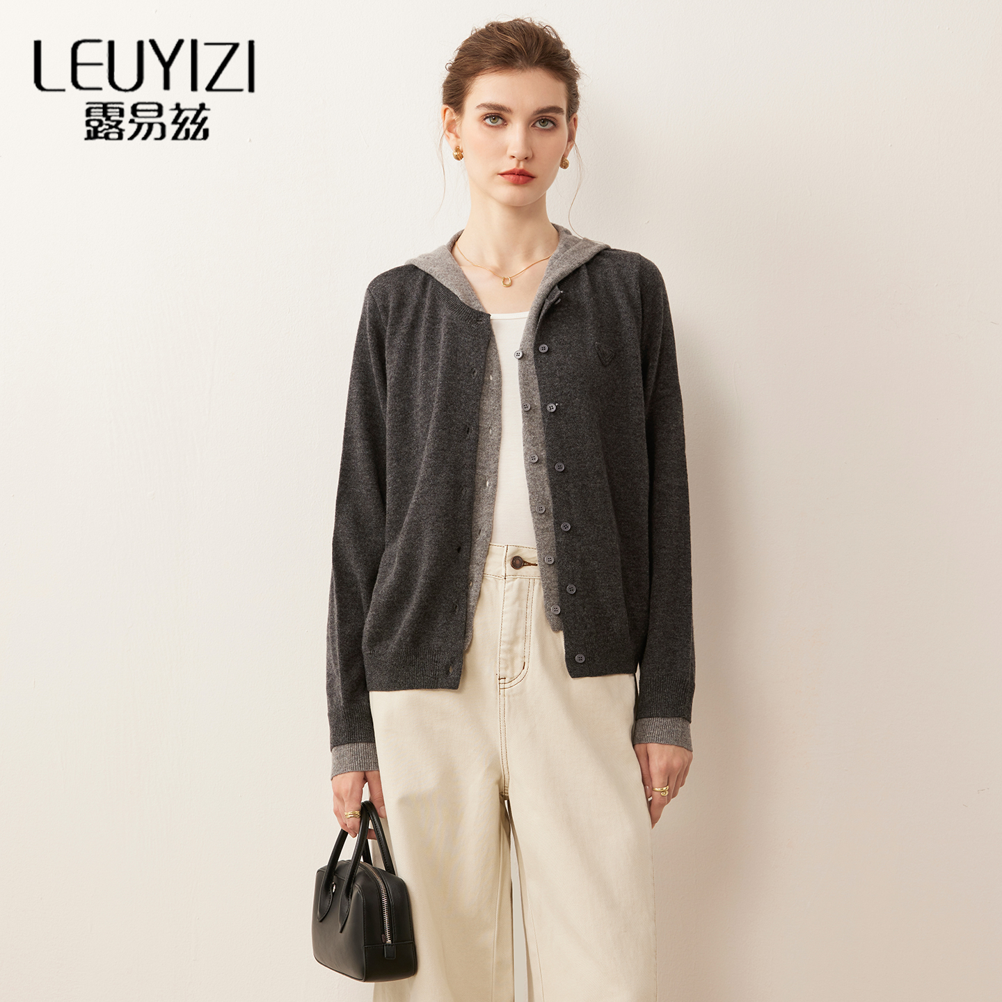 羊毛针织开衫外套女假两件连帽衫