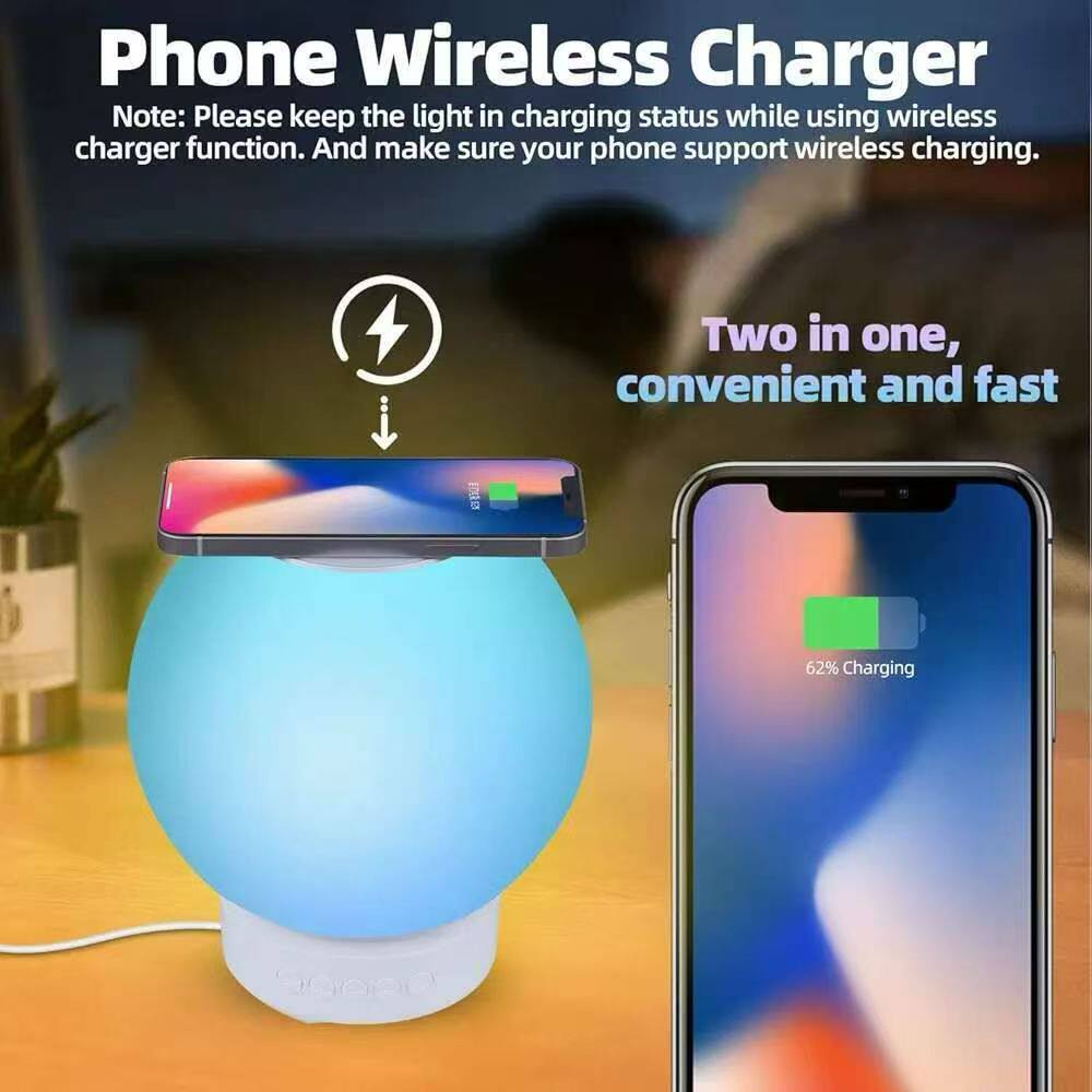 多功能手机无线充电器蓝牙音箱14色变色小夜灯儿歌音箱内置电池