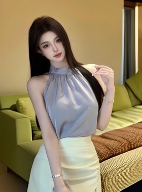 夏季盐系无袖挂脖缎面套装