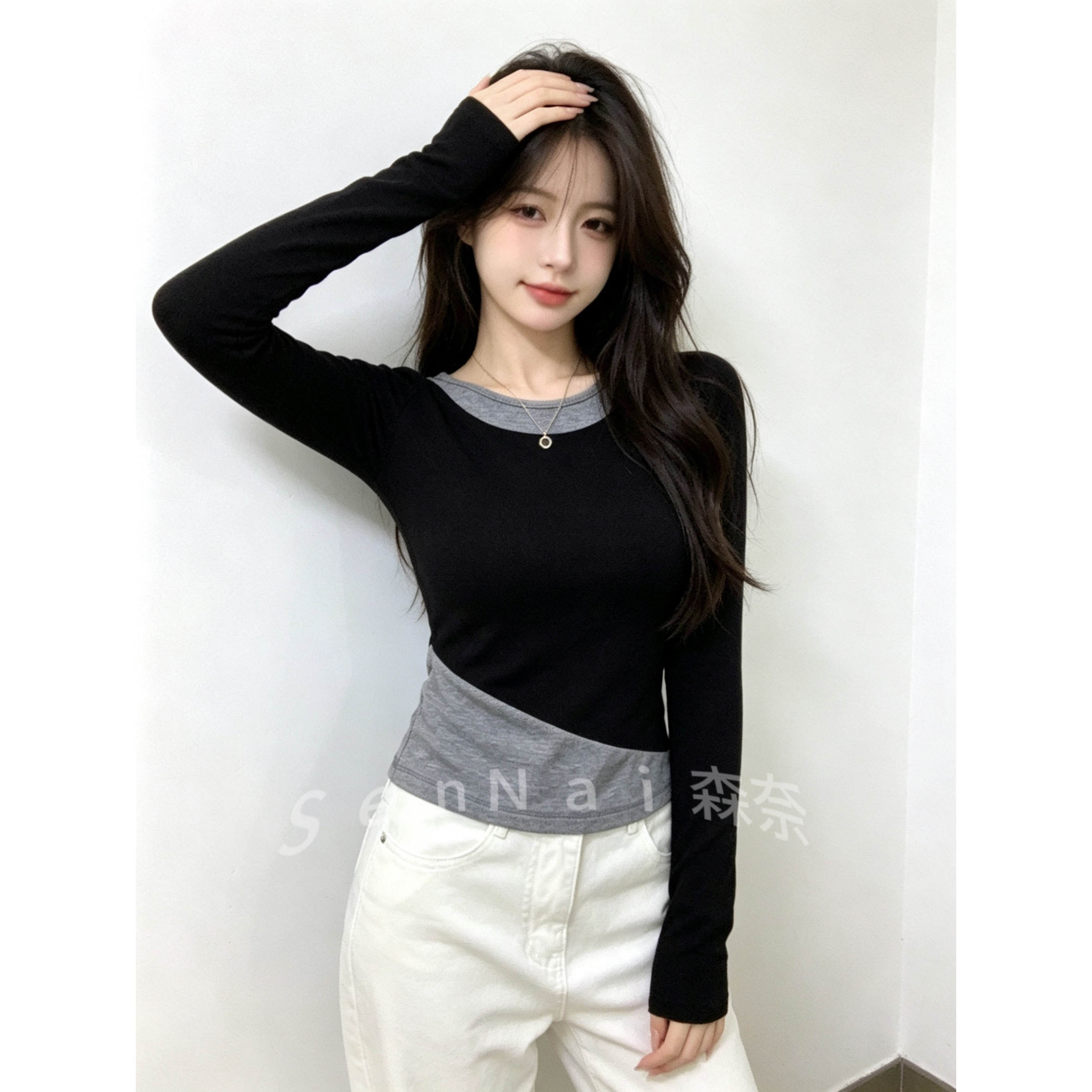 秋冬新款德绒长袖T恤女韩版圆领修身拼接加厚内搭保暖打底衫上衣