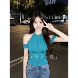 韩系纯欲风性感挂脖背心女夏季新款外穿修身无袖露肩别致设计上衣