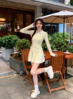 学院风假两件针织打底衫百褶裙